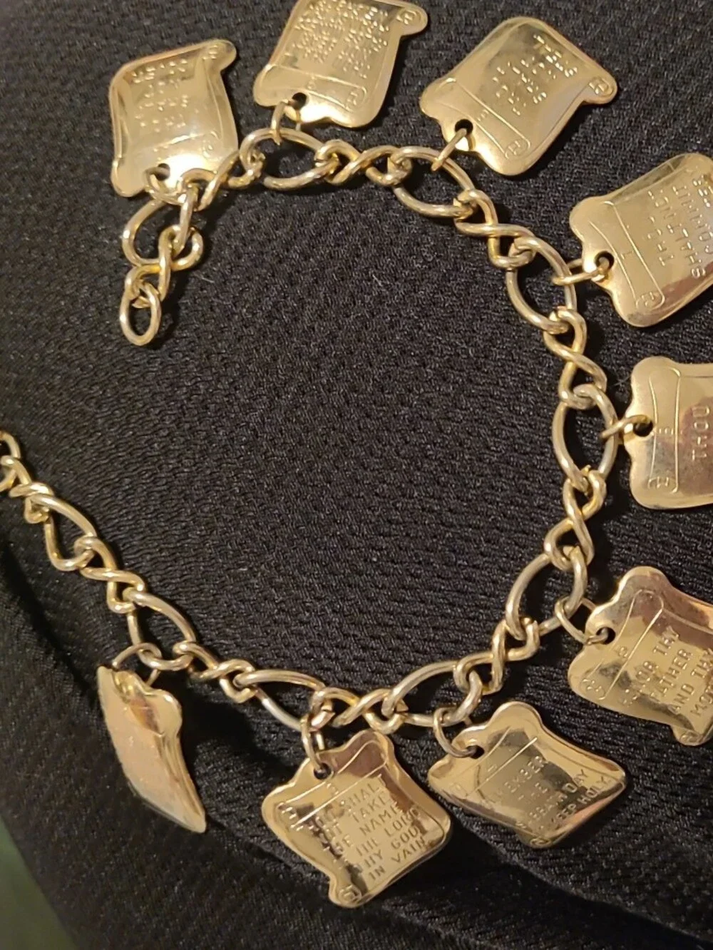 Gold-Tone Charm Bracelet with Inscribed Plaques - 10 Comandments Catholic